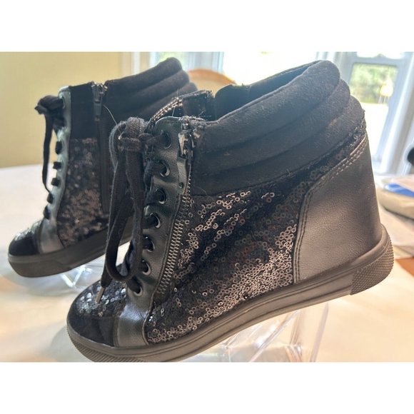 Women's Aldo Kaia Wedge Boot Size 8.5 Black Sequins Zip Side And Tie - Picture 2 of 10